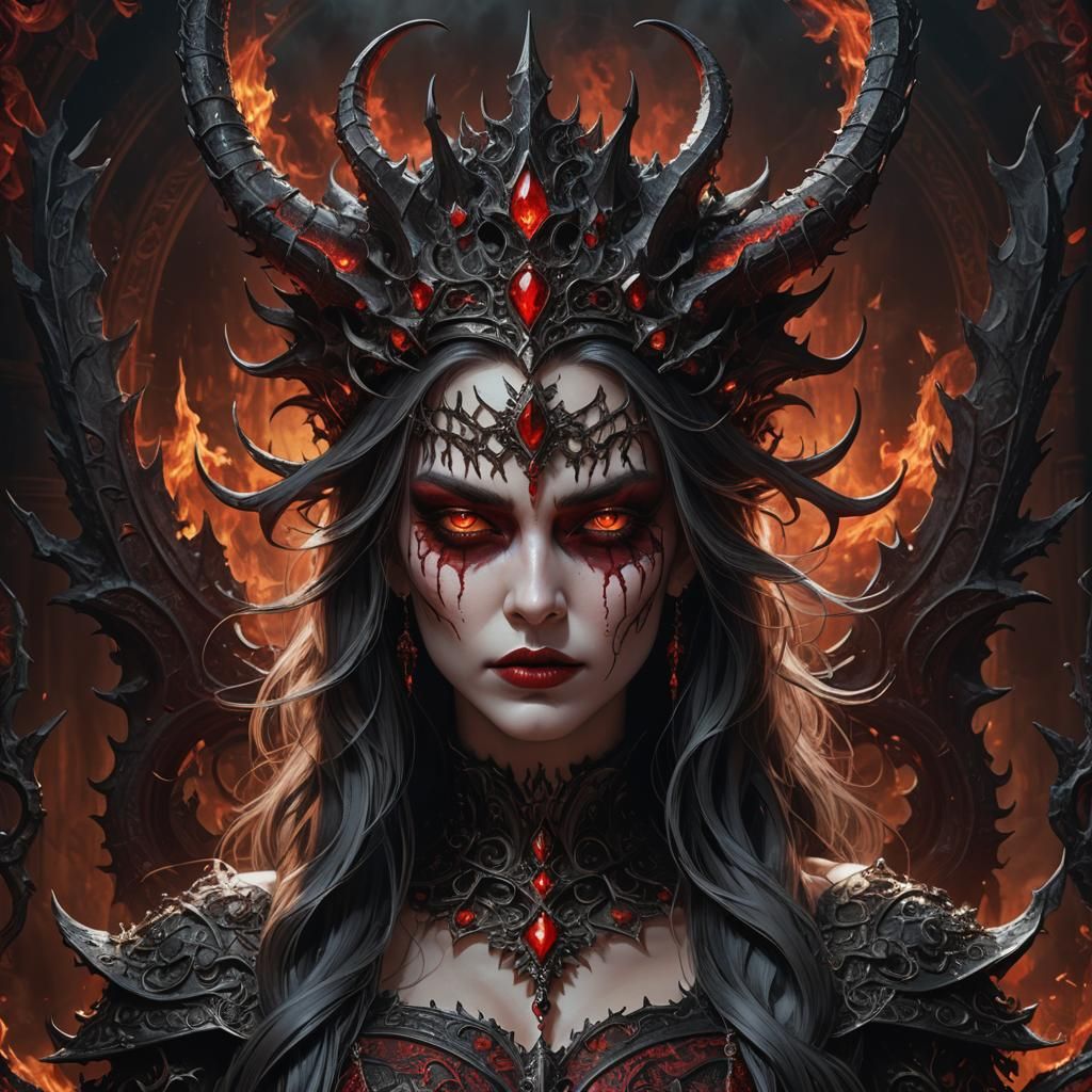 3D-rendered portrait of a demon queen donning a regal crown, piercing red eyes commanding attention, cascading obsession...