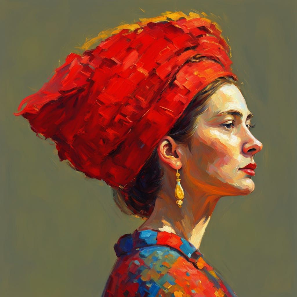 Woman in Red: Neo-Impressionist Oil Painting