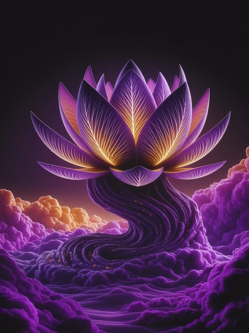 Ethereal Lotus Blossoms in Dark Fantasy Landscape