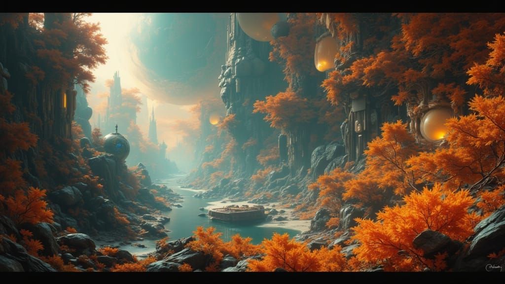 Inhabited Exoplanet with Glowing Flora and Alien Structures