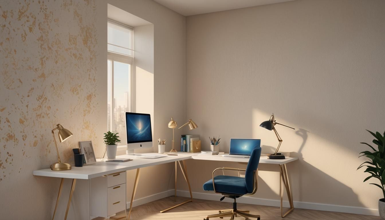 Sunlit Modern Office with Beige Wall, Digital Matte Painting
