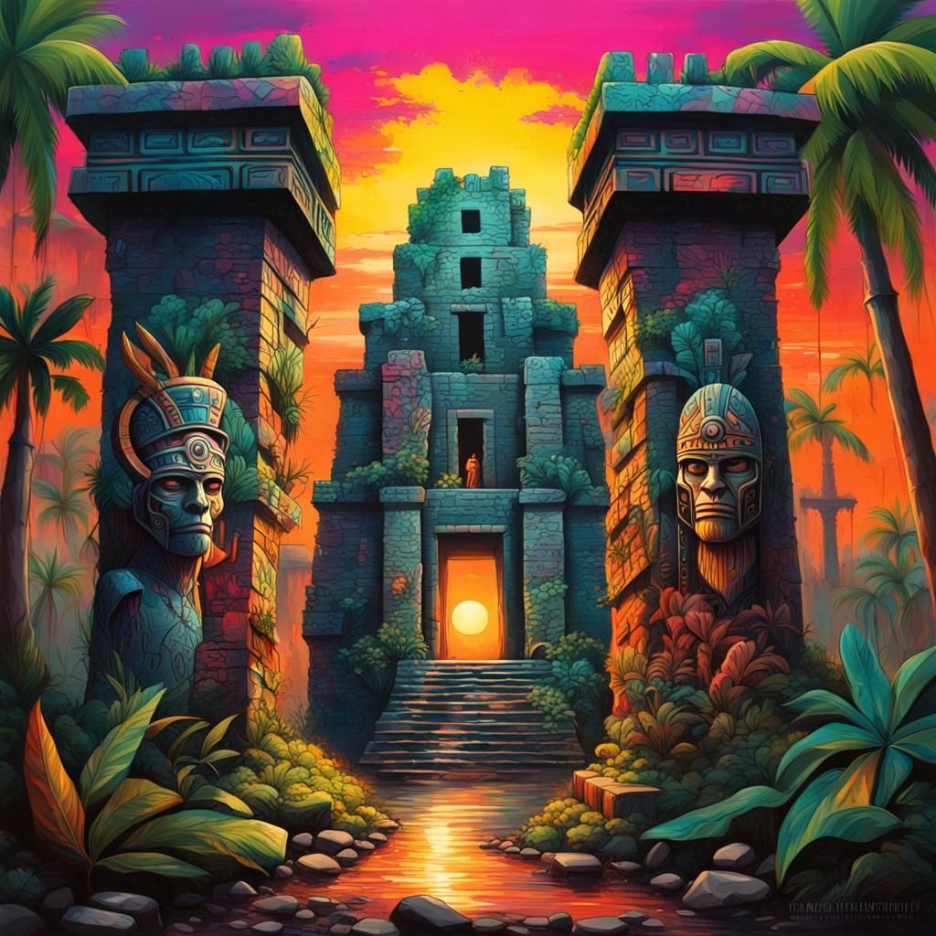 Tropical Sunset over Aztec Ruins with Jaguar Warriors