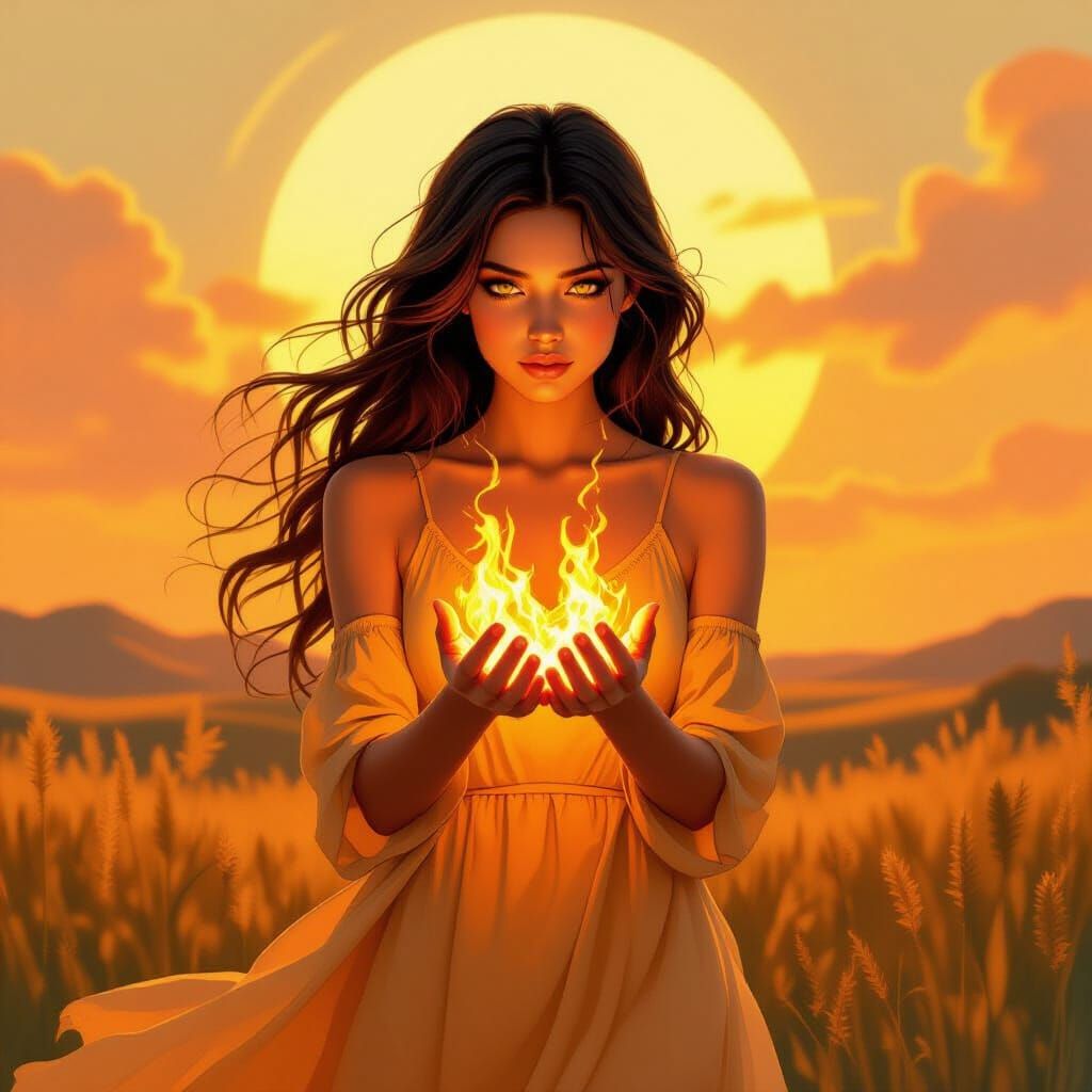 Girl with Fiery Flames in Golden Light
