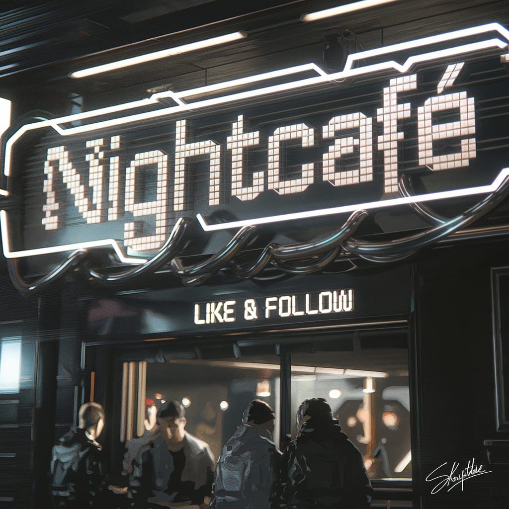 Techno-Futuristic NightCafé Scene with Neon Sign