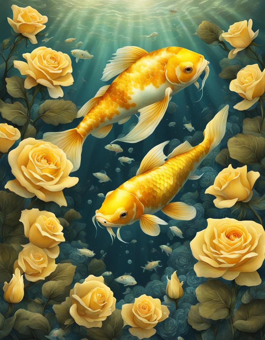 Yellow Koi in Underwater Rose Garden