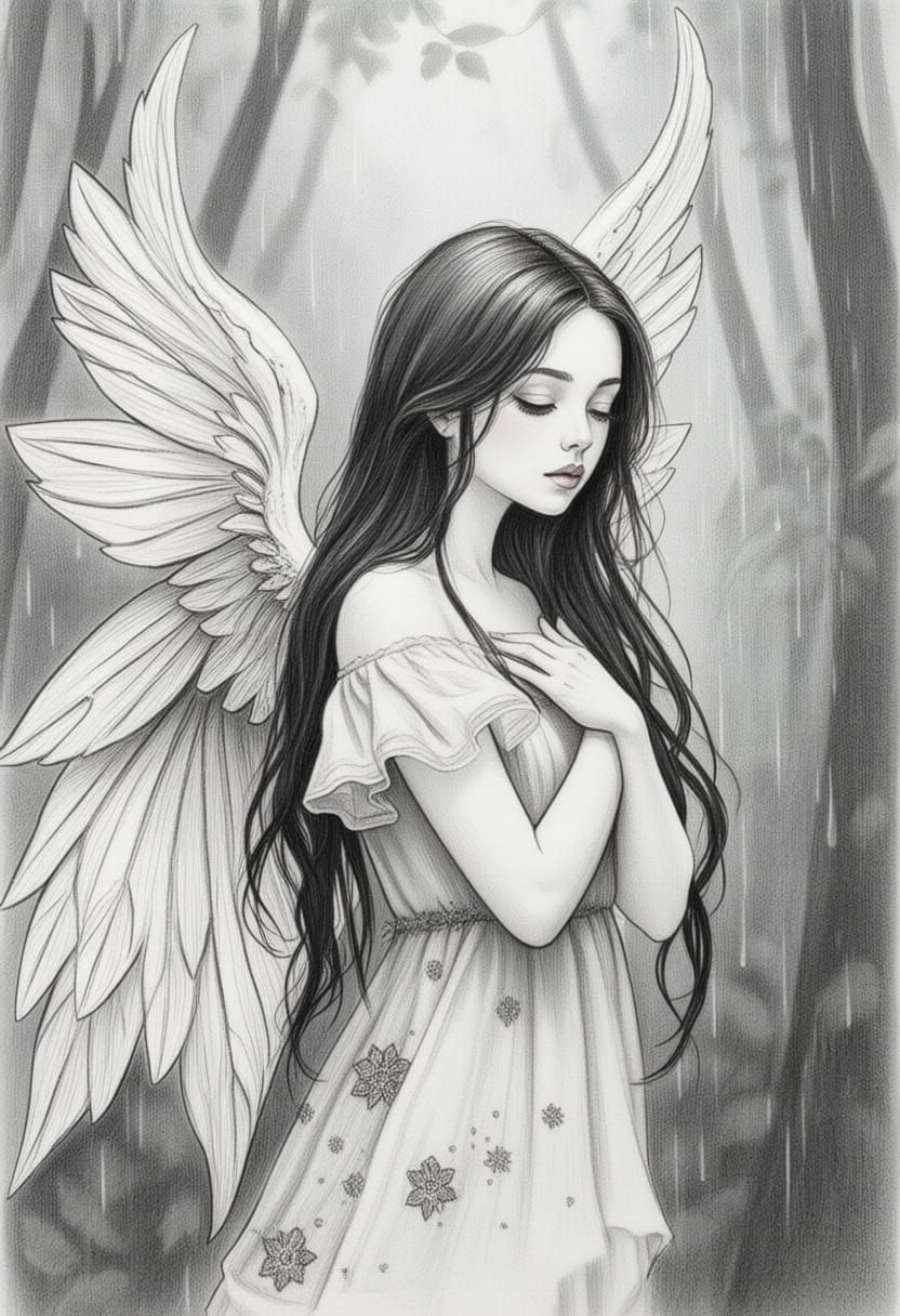 Elegant Nordic Woman with Flowing Hair Ink Drawing