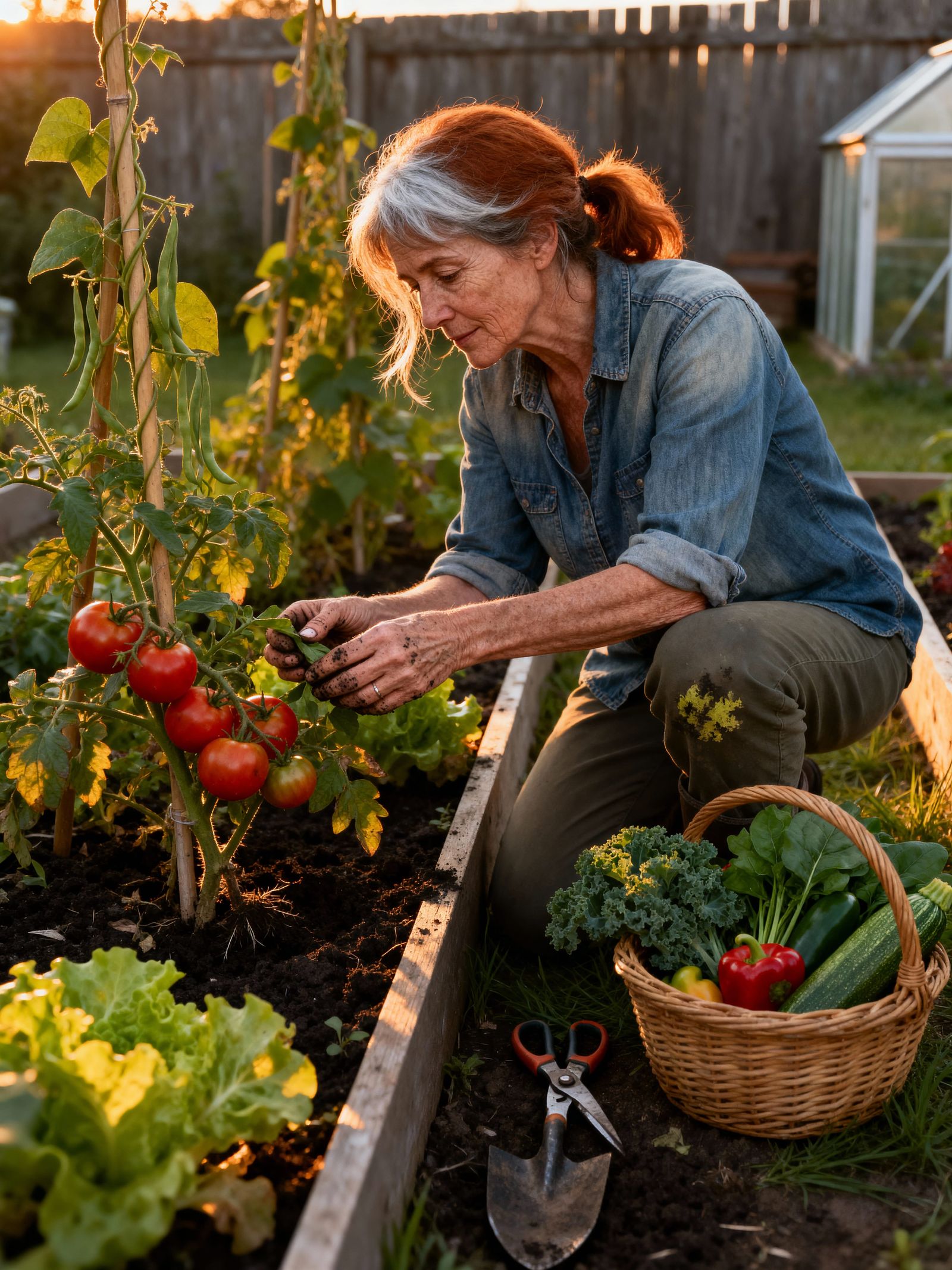 Woman Tending Lush Garden in Afternoon Sun