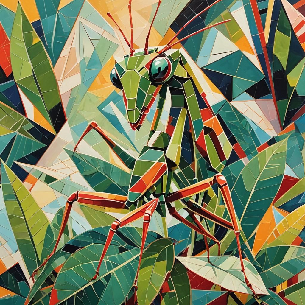 Geometric Praying Mantis in Cubist Style