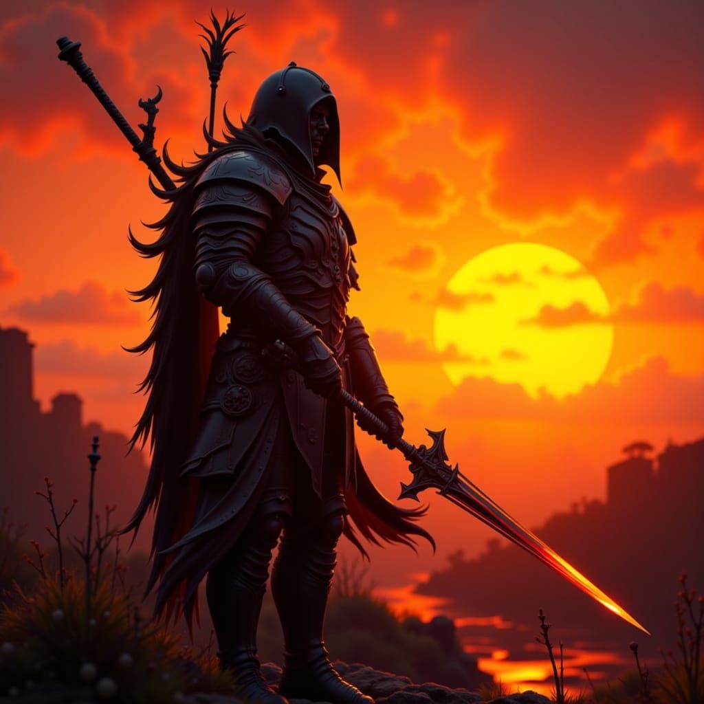 Warrior Silhouette Against Fiery Sunset in Gothic Style