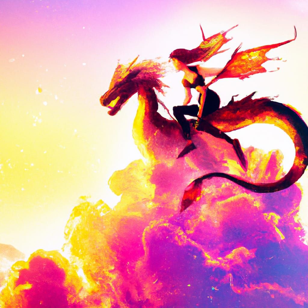 Girl Rides Dragon in Sunset, Astral Illustration