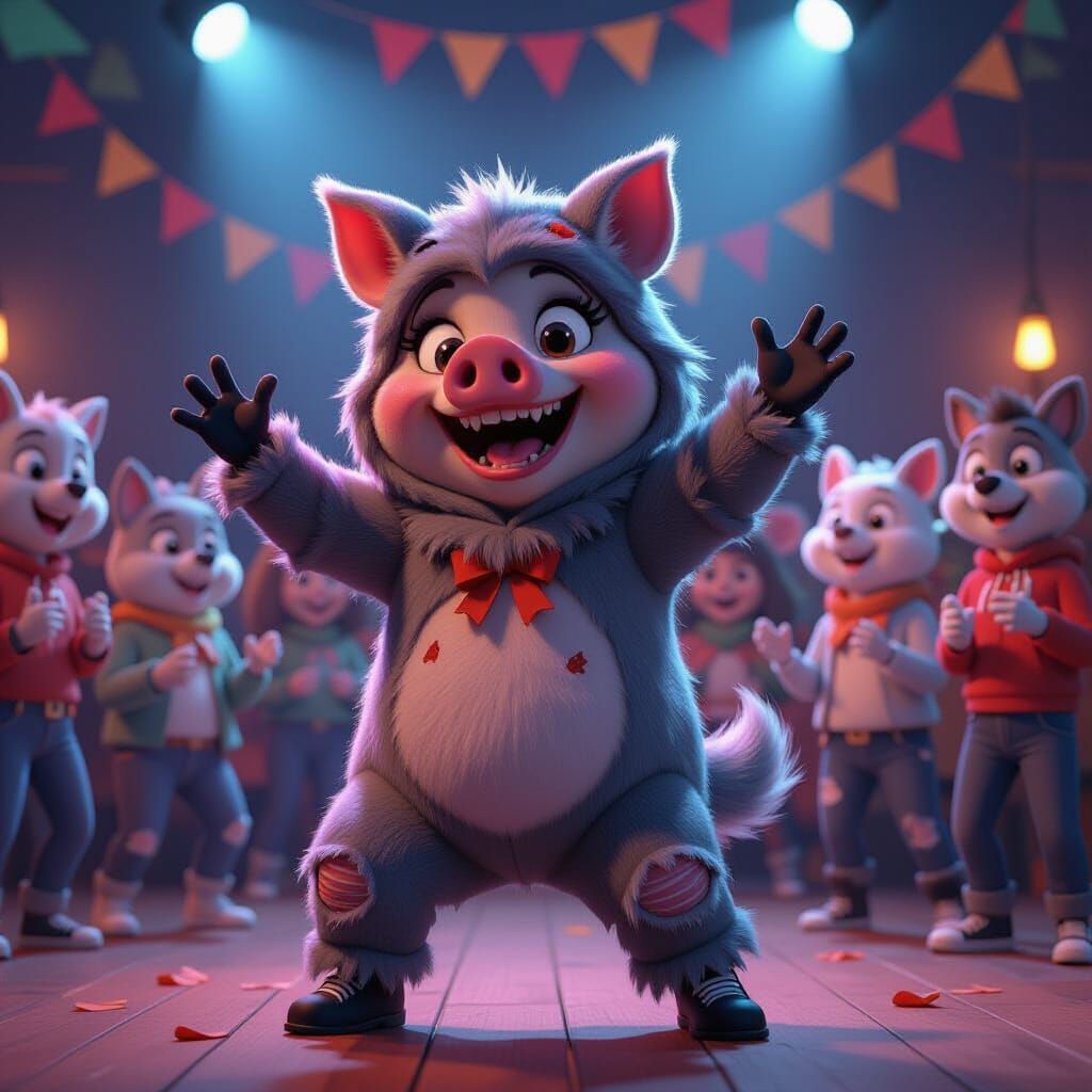 Teenage Pig in Werewolf Costume Dances at Halloween Party