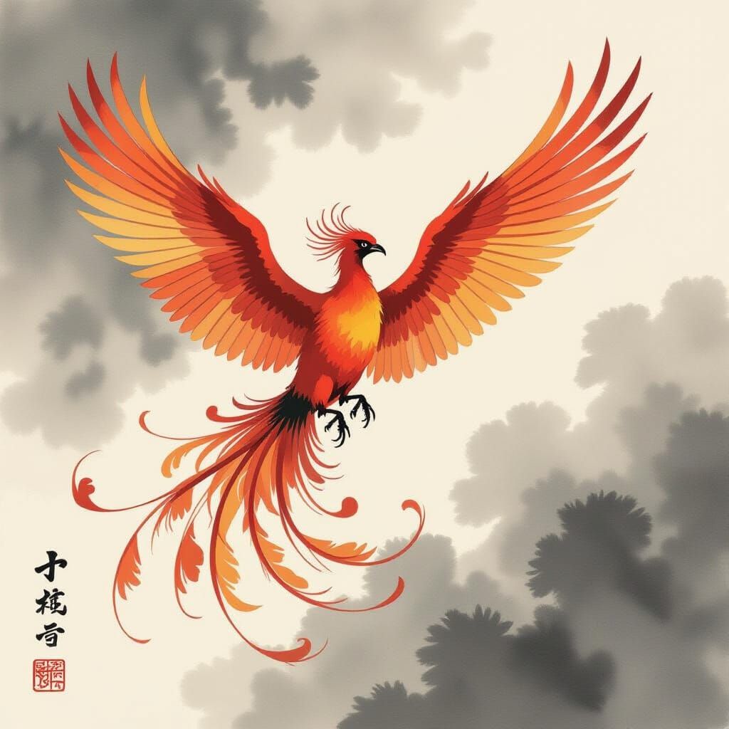 Elegant Phoenix in Sumi-e Style with Flowing Wings