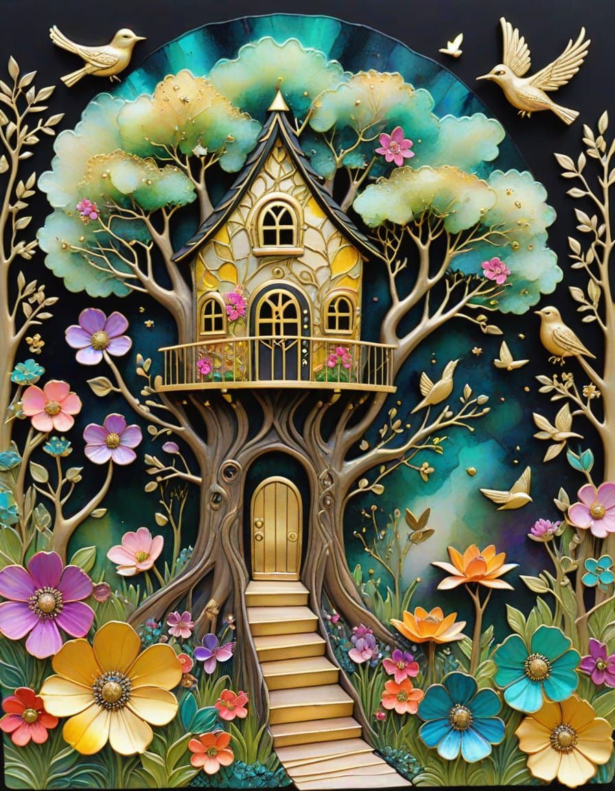 Enchanted Summer Treehouse with Blooming Garden