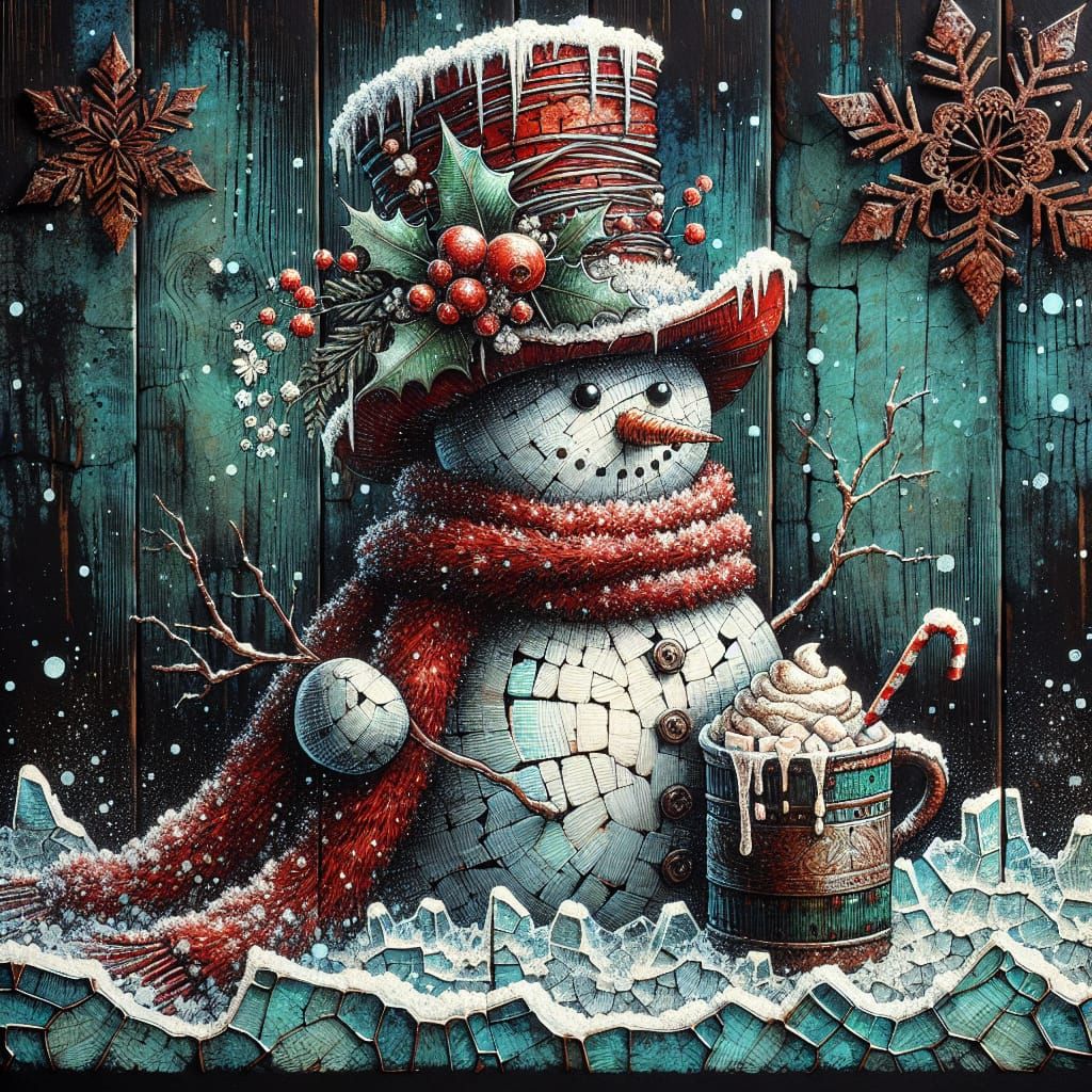 Festive Scratchboard Snowman with Holly and Berries