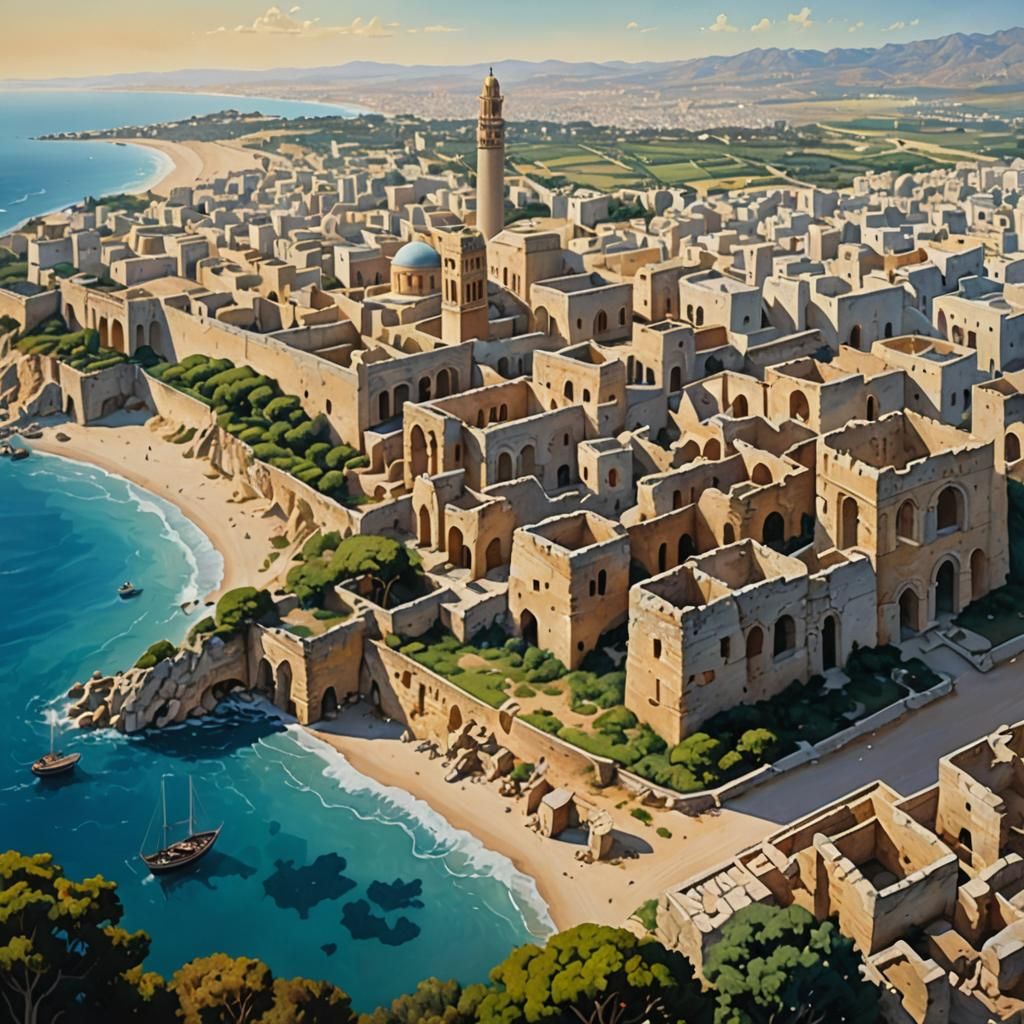 Carthage Ruins Amidst Tunis: Gouache Painting