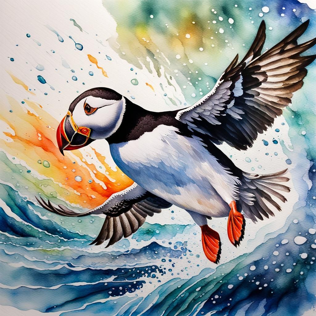 Watercolor Puffin Diving in Ocean Waves
