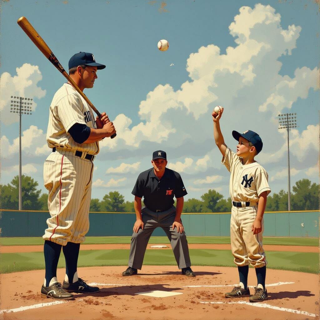 Babe Ruth Faces Young Pitcher in Americana Style