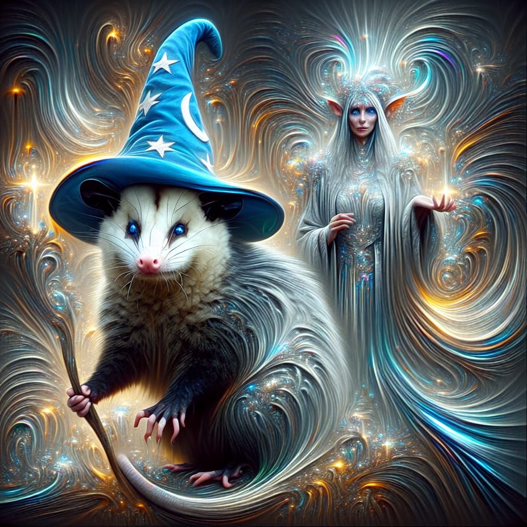 Opossum Wizard and Elf in Dark Fantasy Dreamscape