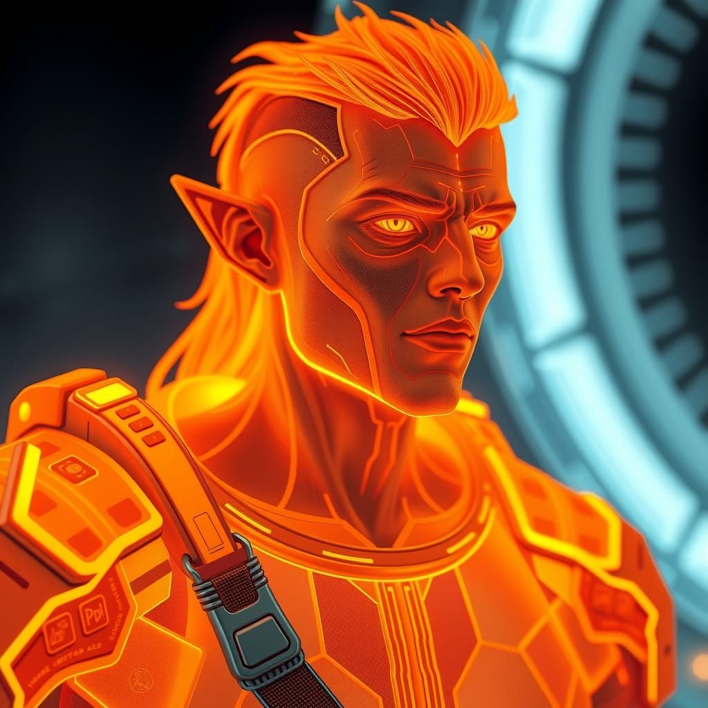 Holographic Sci-Fi Elf Pilot in Orange Glow