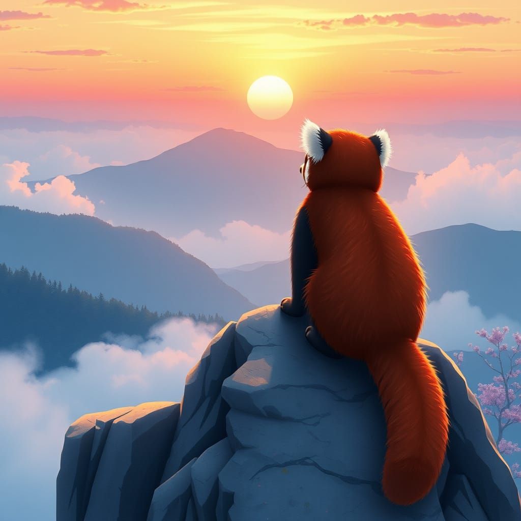 Majestic Red Panda Amidst Serene Sunset in Makoto Shinkai-In...