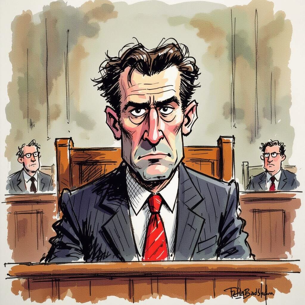 Peter Bradshaw Courtroom Sketch in Cartoon Style