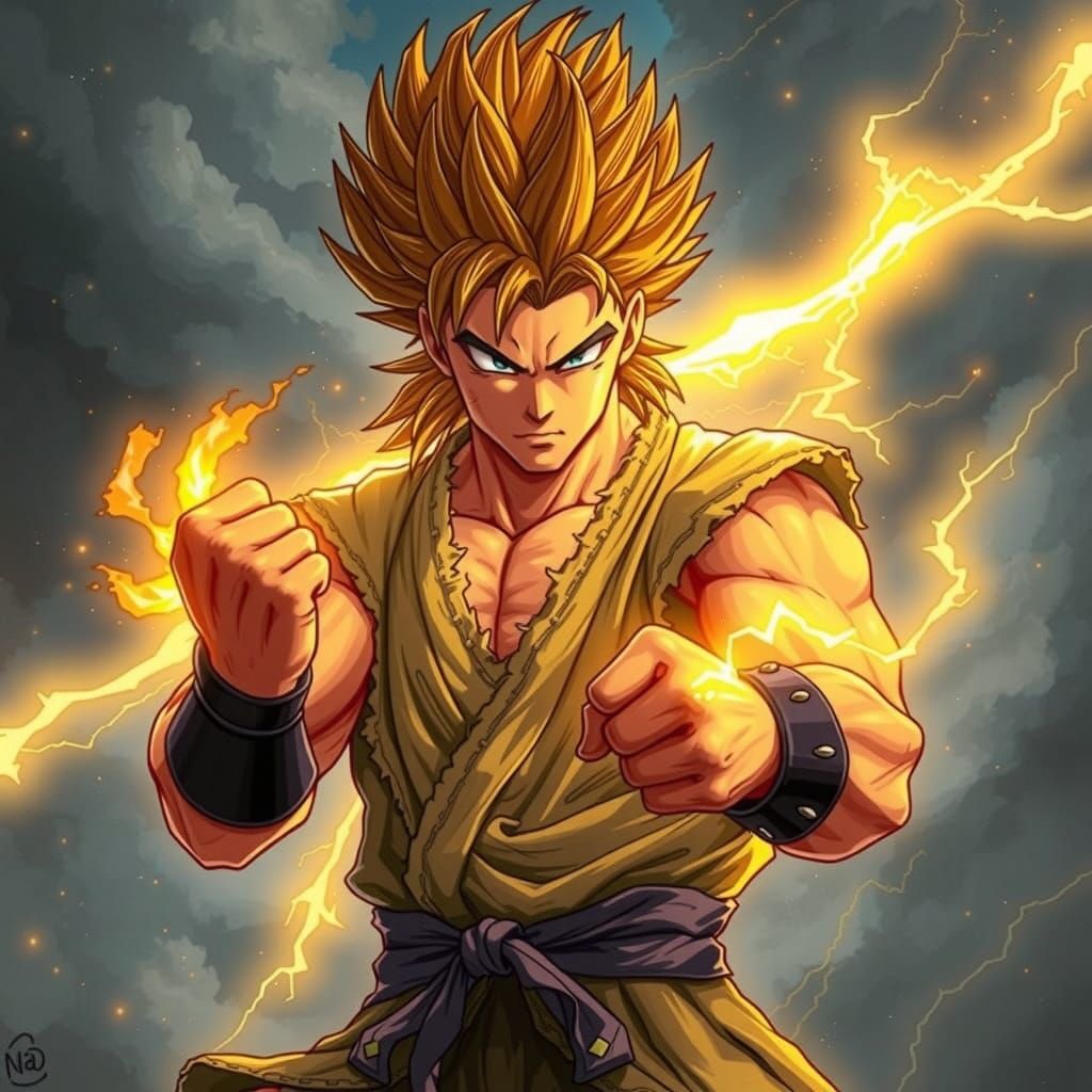 Legendary Warrior in Golden Aura, Martial Arts Gi, and Storm...