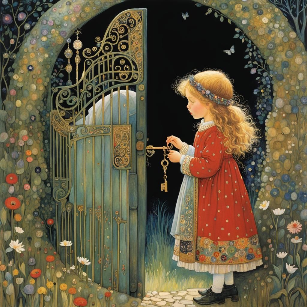 Girl Opens Fairytale Gate with Ornate Key