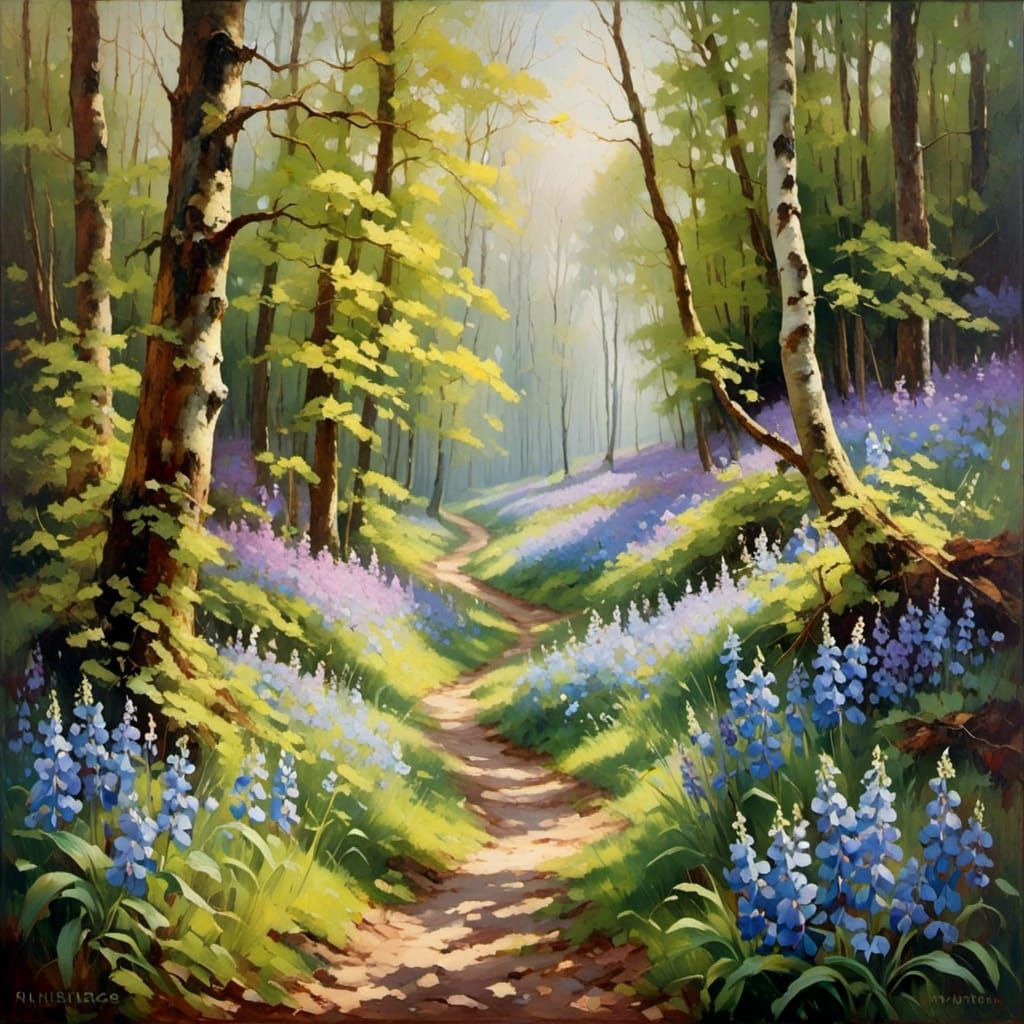 Spring Forest Path in Detailed Oil Painting