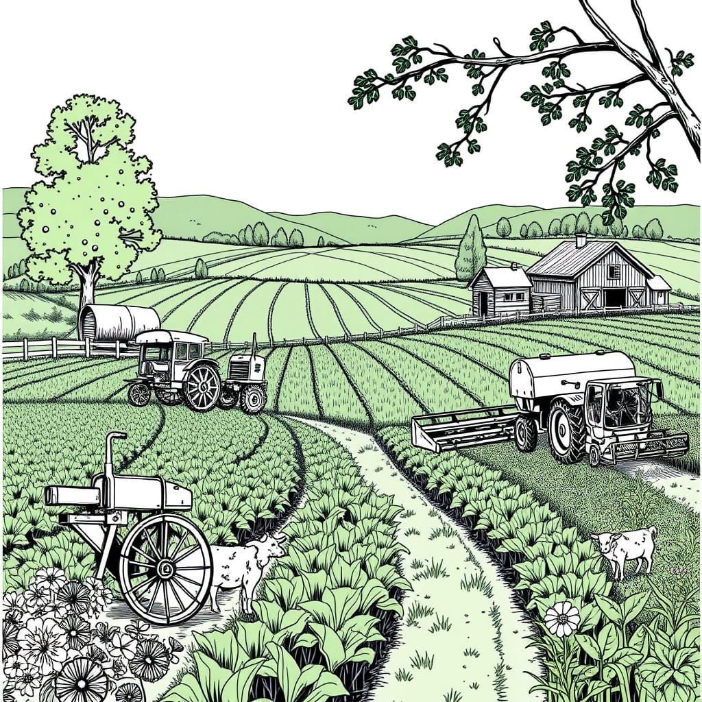 Monochrome Farmland Sketch with Lush Crops