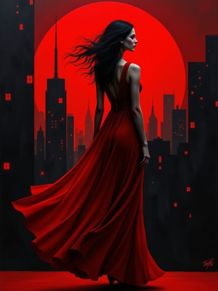 Ethereal Noir Goddess Embracing Crimson Moonlight