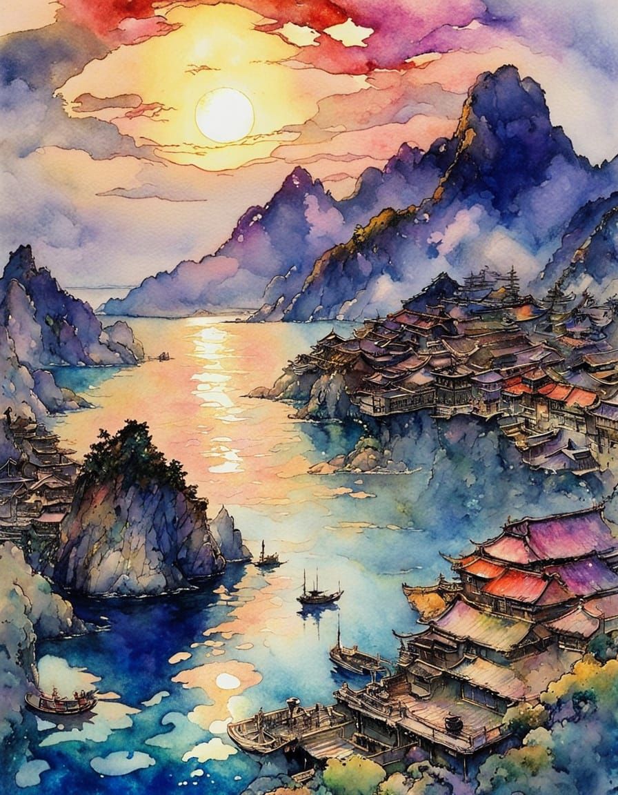 Mysterious Harbor Scene in a Dreamy, Watercolor Style