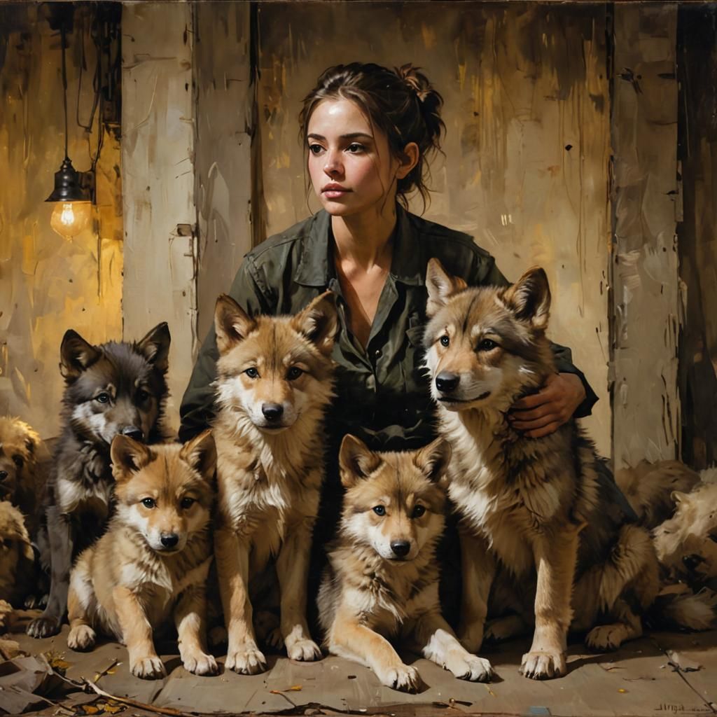 Caretaker with Wolf Cubs in Oil Painting Style