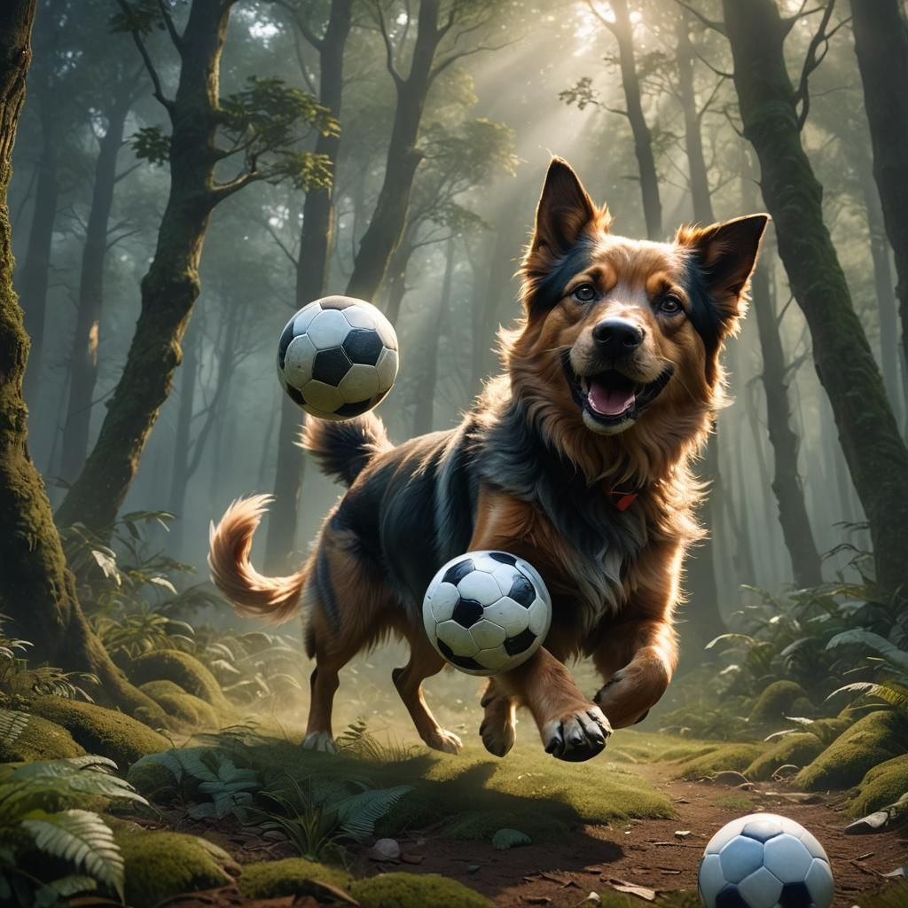 Dog Chasing Soccer Ball in Mystical Forest