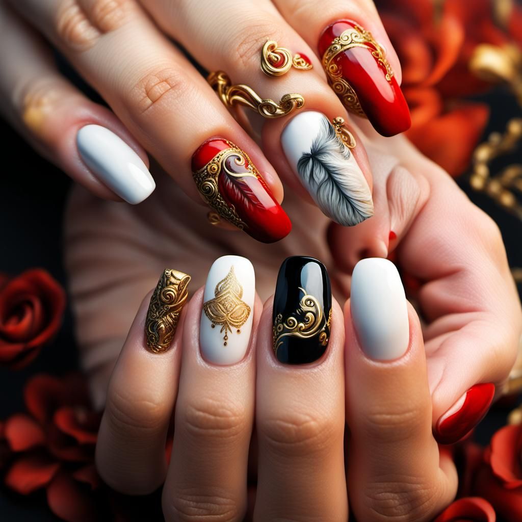 Ornate Nail Art in Surreal Oil Painting Style