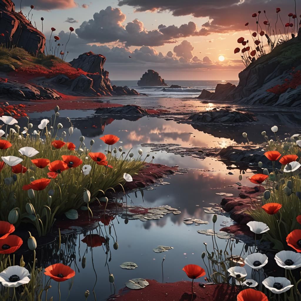 Poppies Reflect Beach Sunset: Detailed Matte Painting