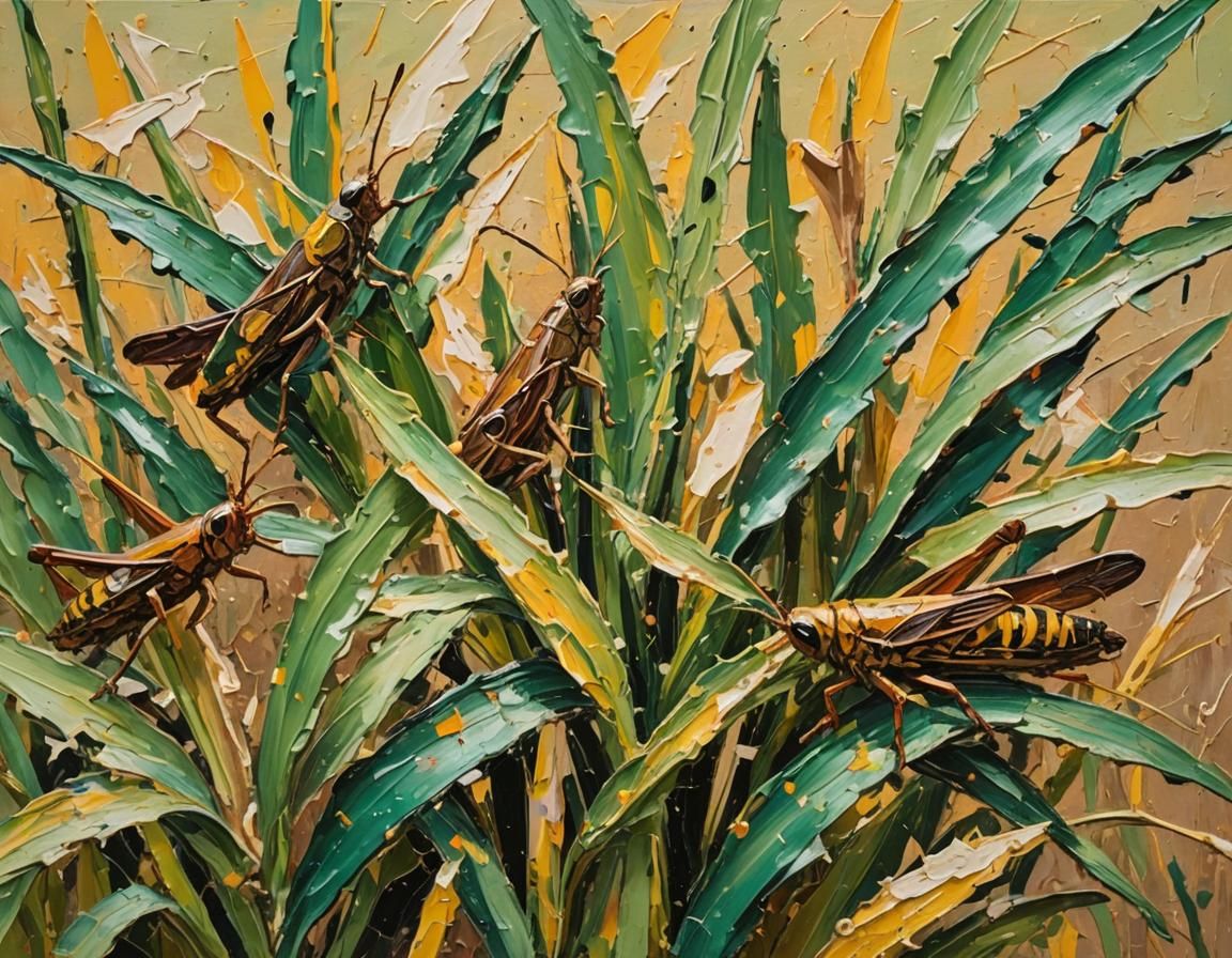 Grasshoppers Feeding on Maize in Acrylic Impasto Style