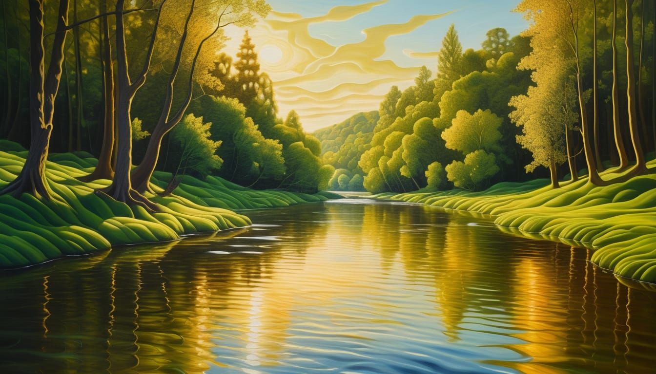 Serene River Flowing into Lake in Golden Light