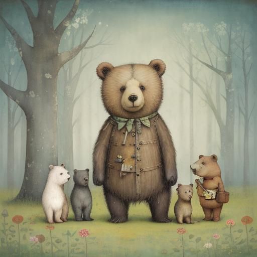 Whimsical Bear Cub and Friends: Magical Illustration