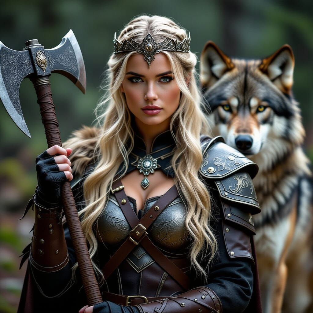Warrior Queen with Wolf, Axe, and Sword