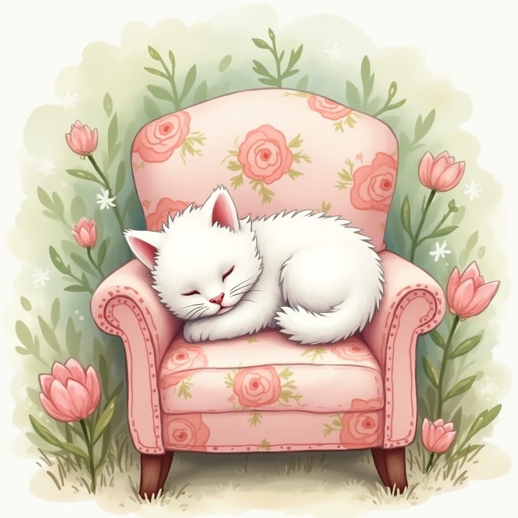 Whimsical White Kitten Slumbers on Floral Chair
