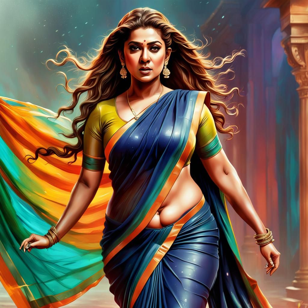 Hyperrealistic Indian Actress in Latex Saree