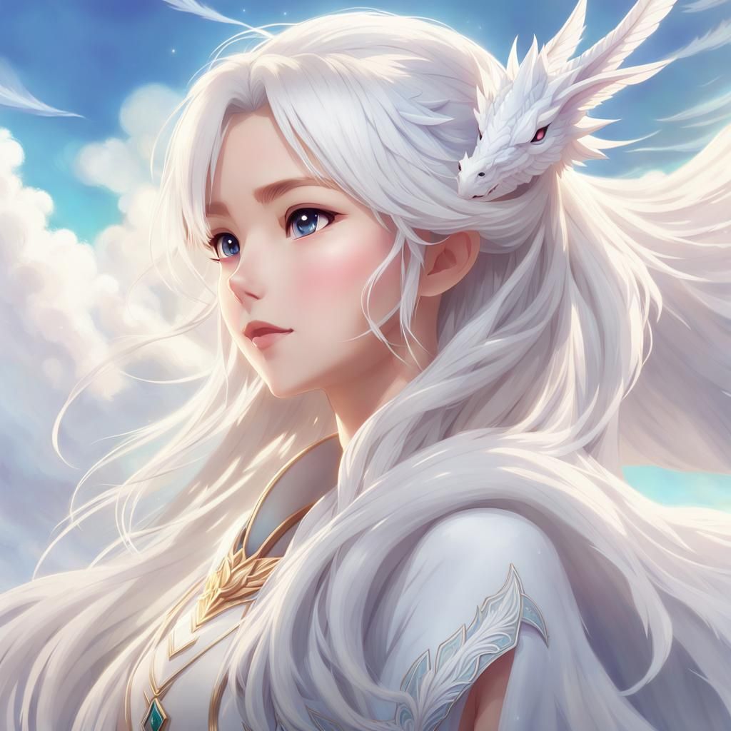 Cute Anime Girl Holds White Dragon in Cloudy Portrait