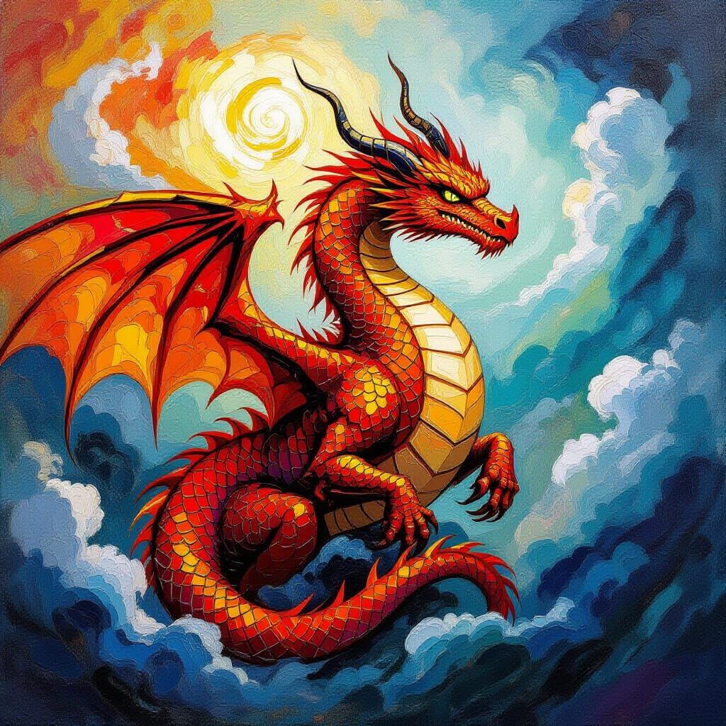 Majestic Dragon with Fiery Scales Amidst Swirling Clouds