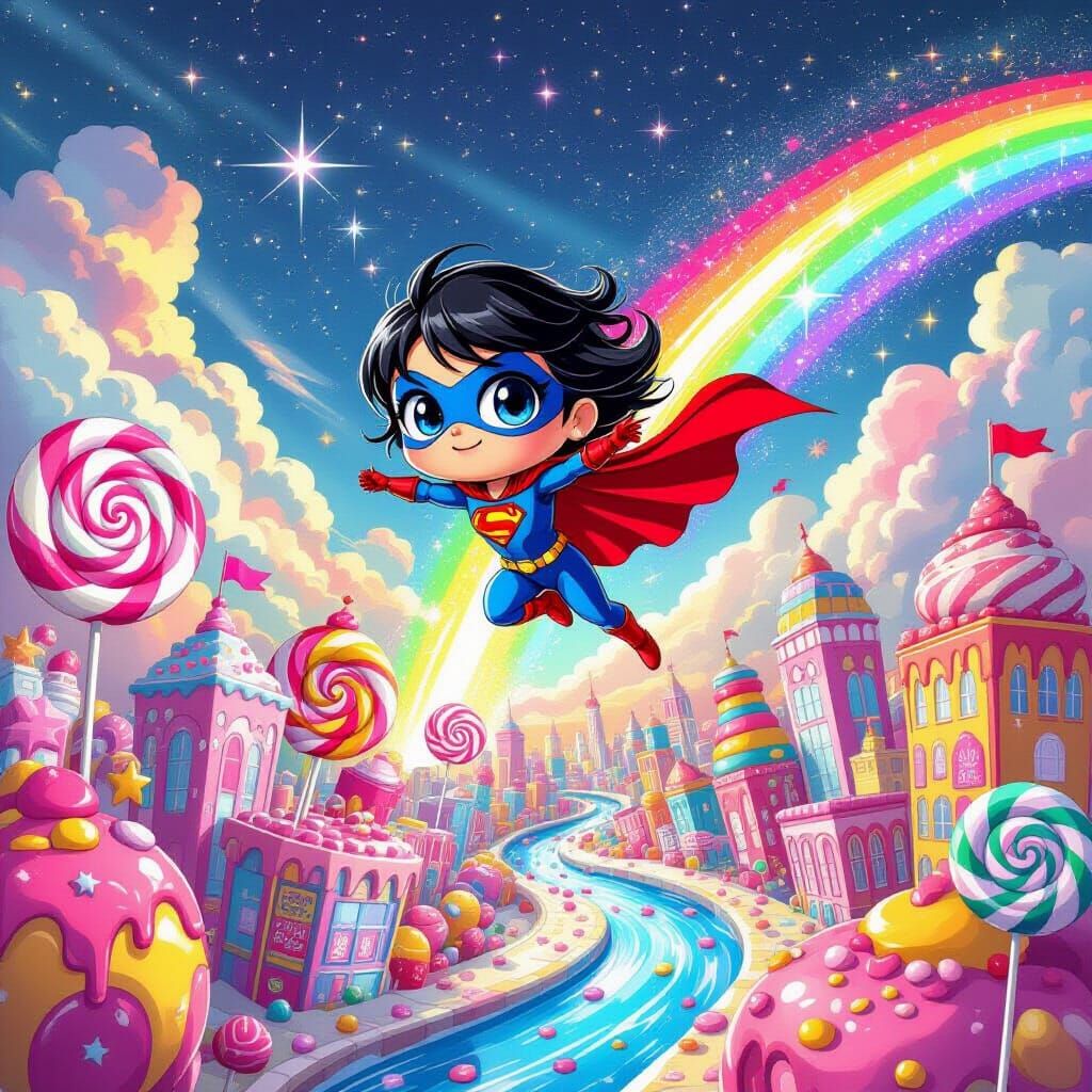 Chibi Superhero Soaring Over Candy Cityscape