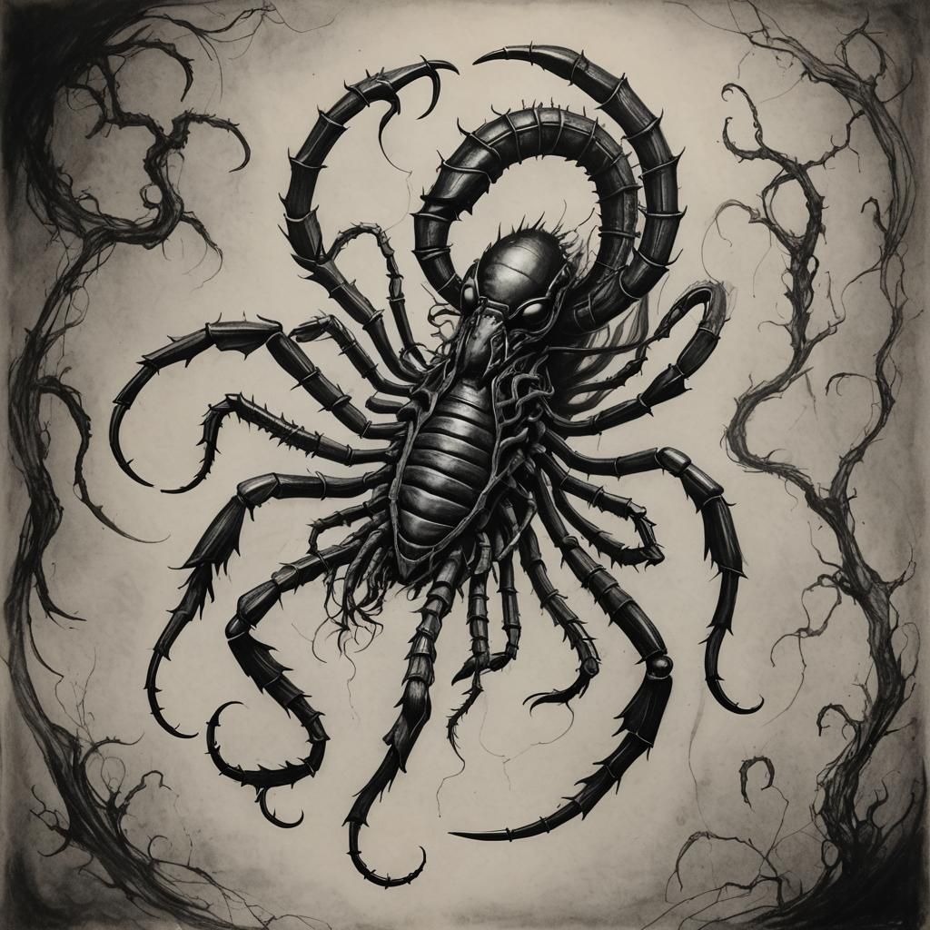 Scorpion in Tim Burton-esque Charcoal Sketch