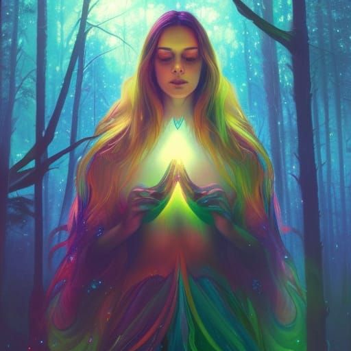Rainbow Cosmic Lady in Dark Forest: Detailed Portrait
