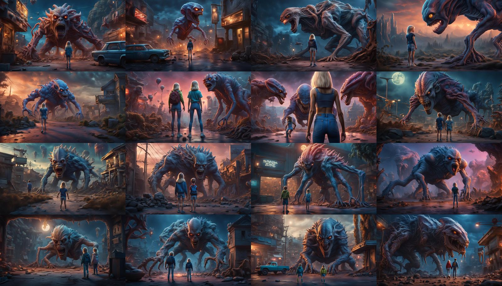 Surreal Encounter: Alien Monster and Girl in Strange World