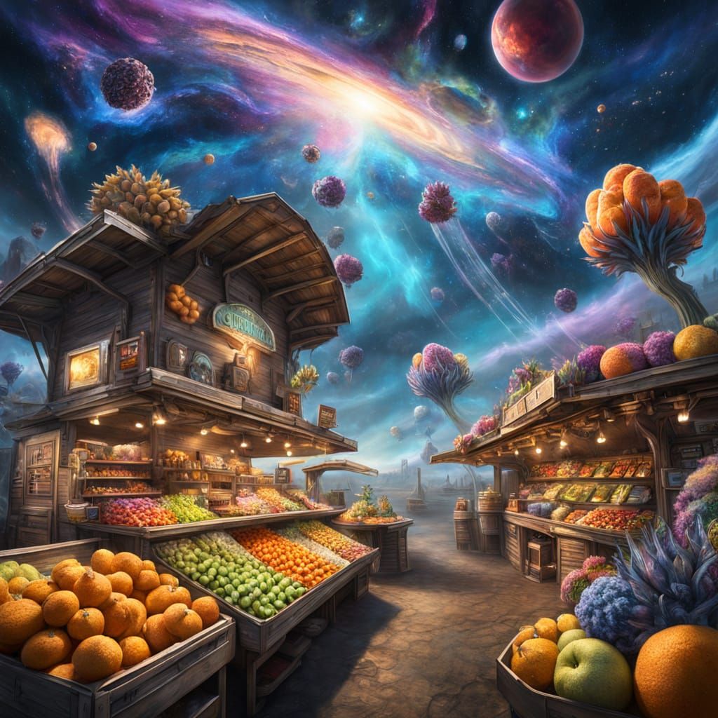 Alien Farmstand Under Nebula Sky