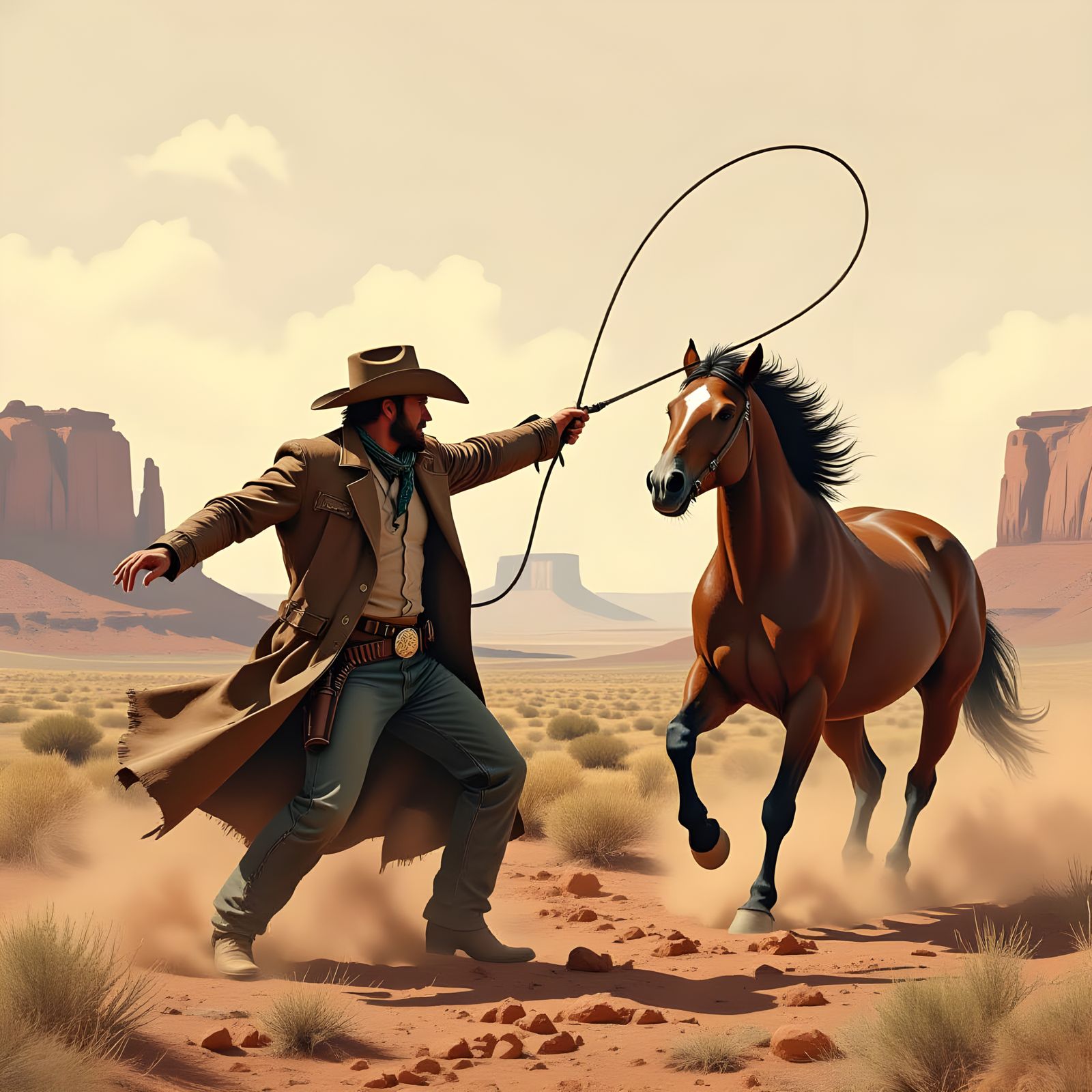 Cowboy Lassoing a Wild Horse in Matte Painting