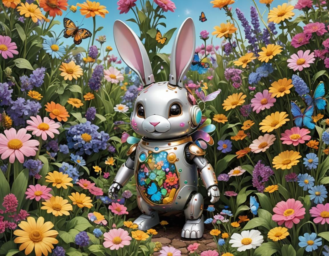 Robot Bunny in Magical Garden: Hyper-Realistic Painting